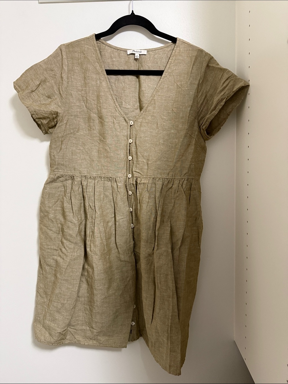 Madewell Tan Button-Front Linen Mini Dress
